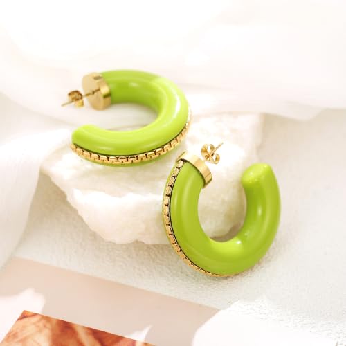 Gold Plated Resin Chunky Hoop Earrings Hypoallergenic Push Back Hoops for Sensitive Ears - color: lime green