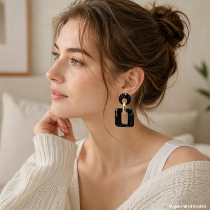 Retro Boho Hollow Square Earrings Lightweight Fashion Jewelry Casual Daily Wear Geometric Drop Earrings Party Acrylic Square Dangle Accessories - color: Black