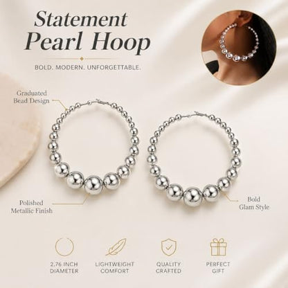 Big Chunky Gold Hoop Earrings for Women Beaded Large Statement Earrings Lightweight Fashion Jewelry Daily Wear Party Gift - color: B:Silver Hoop Earrings