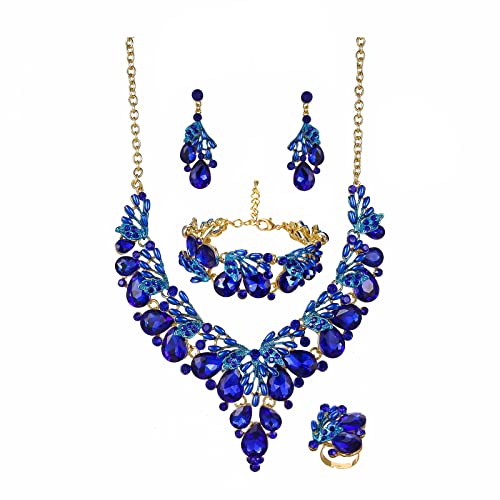 Jewelry Set for Women, Statement Necklace Dangle Earrings Bracelet Ring, White/KC Gold Plated Jewelry Set with Rhinestone Pearl Crystal Wedding Party Jewelry for Bridal Bridesmaid - color: Blue-Gold Plated
