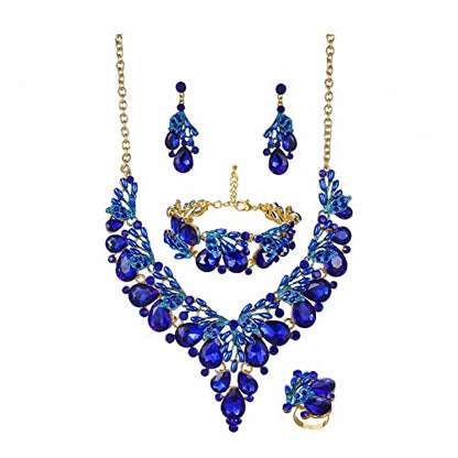 Jewelry Set for Women, Statement Necklace Dangle Earrings Bracelet Ring, White/KC Gold Plated Jewelry Set with Rhinestone Pearl Crystal Wedding Party Jewelry for Bridal Bridesmaid - color: Blue-Gold Plated