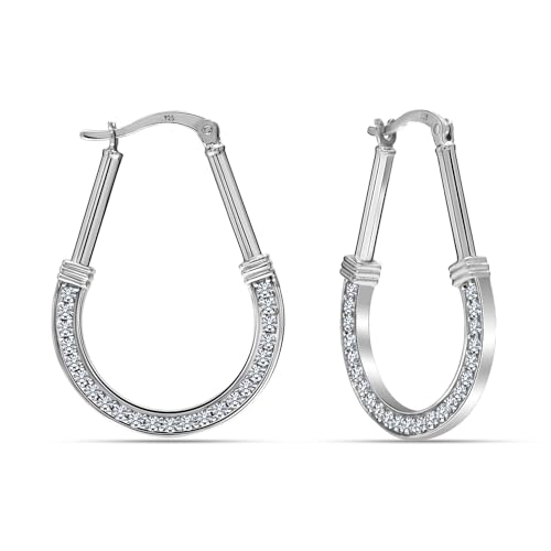 LeCalla 925 Sterling Silver Hoop Earrings for Women | Italian Design Classic Diamond-Cut Textured Hoops Earring | Women's Oval Drop Shape Silver Earring Jewelry - color: Large Zirconia