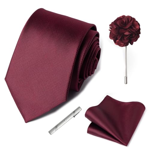 joy alice 30 Colors Solid Ties for Man Pure Color Men's Tie Set with Lapel Pin Pocket Square Tie Clip - color: Maroon