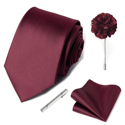 joy alice 30 Colors Solid Ties for Man Pure Color Men's Tie Set with Lapel Pin Pocket Square Tie Clip - color: Maroon