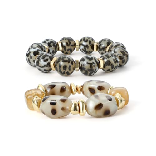 GOOJIDS Simple Beaded Gold Plated Bangles Bracelet Chunky Bamboo Tube Curved Stacking Clear Acrylic Colorful Beads Stretchable Gold Plated Bracelets Set For Women - color: T Gray Leopard Print Set