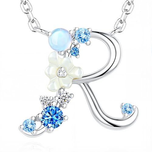 VIKI LYNN Initial Necklace for Women 925 Sterling Silver Initial A to Z Letter Pendant Necklace with Blue Flower Cubic Zirconia Birthday Engagement Gift for Women,Mom, Couple - style: Letter R