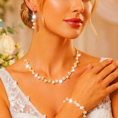 Aukmla Pearl Wedding Jewelry Sets Silver Rhinetsone Choker Necklace and Earring Bracelet Set Prom Jewelry for Brides and Women - color: Gold