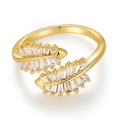 18K Gold Plated CZ Open Ring Double Leaf Wrap Rings Adjustable | CZ Stacking Ring in Gold | Unique Statement Ring Cocktail Party Ring Hypoallergenic - style: Small Leaf