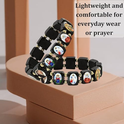 Catholica Shop Devotional Catholic Religious Wood Stretch Bracelets. Small and Large Panels with Assorted Images of Saints, Jesus and Mary. Unisex. Handcrafted in Brazil - style: Small BK Panel Gold Tone