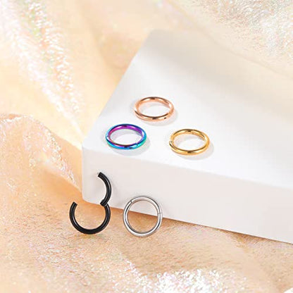 Aumeo 14G 16G 18G 20G Nose Ring Hoop Stainless Steel Hinged Segment Rings Hoops Nose Clicker Ring Tragus Helix Cartilage Daith Rook Earring Piercing Jewelry for Women Men - style: 5pcs 16g 7mm Mixed Colors