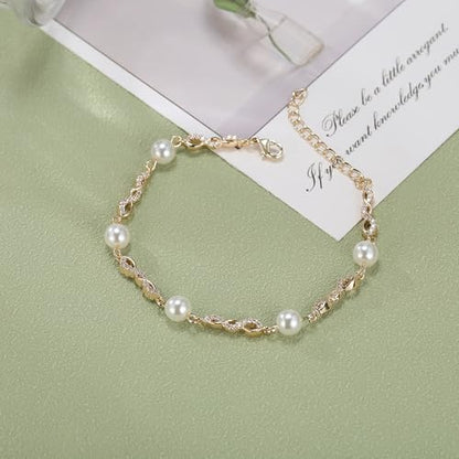 EVER FAITH Gorgeous Cubic Zirconia Pearl Wedding Link Bracelet for Bride | Marquise Teardrop Crystal Bridal Prom Jewelry, for Women Bridesmaids - style: Infinity_Clear Gold-Tone