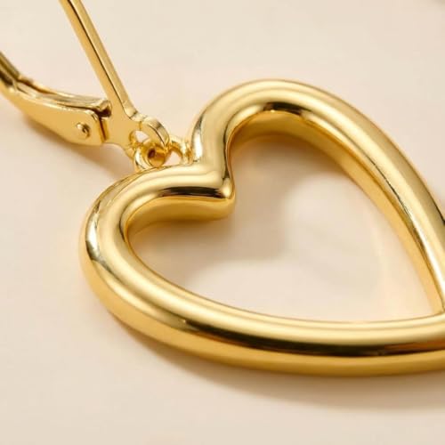 14K Gold Plated 925 Sterling Silver Openwork Love Heart Dangle Earrings, Leverback Huggie Hoop Hypoallergenic Trendy Earrings for Women - color: 14K Gold-B