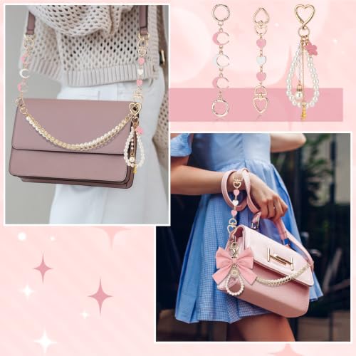 Sureio 5 Pcs Bag Extender Chain Pearl Purse Chain Ribbon Bow Keychain Extender Bag Strap Purse Charms Accessories for Handbag - color: Pink and White