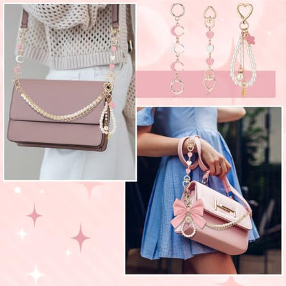 Sureio 5 Pcs Bag Extender Chain Pearl Purse Chain Ribbon Bow Keychain Extender Bag Strap Purse Charms Accessories for Handbag - color: Pink and White