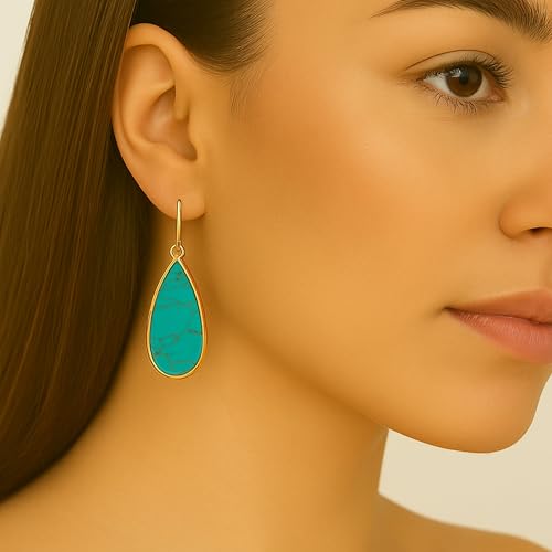 Aloha Earrings Non Pierced Gold Tone Clip On Natural Stone Teardrop Dangling Earrings - style: Turquoise