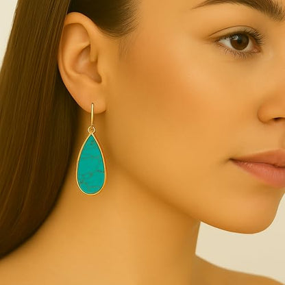 Aloha Earrings Non Pierced Gold Tone Clip On Natural Stone Teardrop Dangling Earrings - style: Turquoise