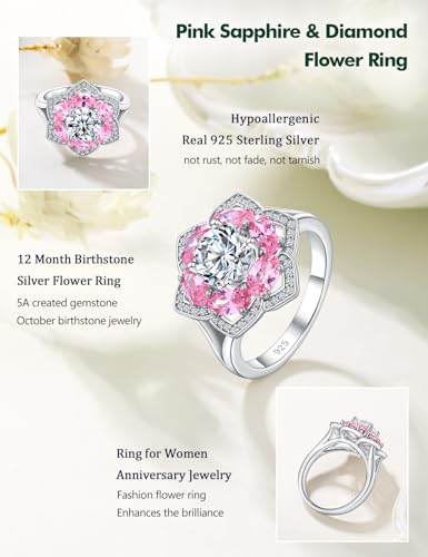 Flower Engagement Promise Ring Sterling Silver Birthstone Rings for Women Sapphire/Emerald/Ruby Gemstone Six Leaf Clover Statement Cocktail Ring Size 6 to 10 - style: 10. October-Created Pink Sapphire