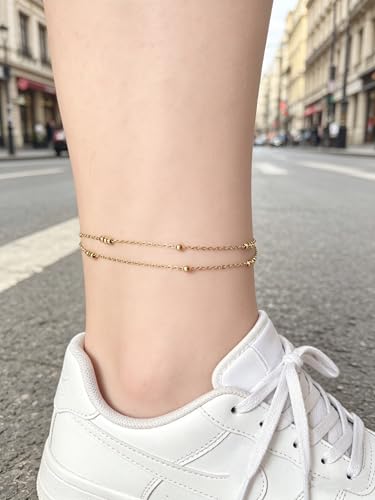 Waterproof Gold Plated Layered Anklets for Women Daisy/Herringbone/Heart Charm/Bead Chain Non Tarnish Stainless Steel Summer Foot Jewelry Gift for Her, with Gift Box - color: 4. two bead chains