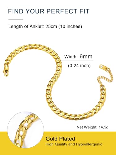 ChainsPro Resizable Anklet Chain for Women Men, Figaro/Wheat/Twist Rope/Cuban Foot Bracelet-Strong with Good Clasp-18K Gold Plated(Send Gift Box) - color: 00:cuban-Gold Plated-6mm