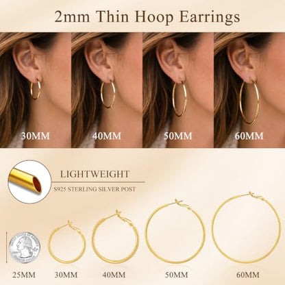 2MM S925 Sterling Silver Hoop Earrings Thin Gold Large Hoop Earring Lightweight Hypoallergenic Big Silver Thin Hoops Earring Gold Hoops Earrings for Women 30/40/50/60 MM - color: 50mm-Gold-1