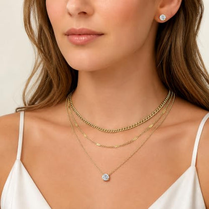 14K Gold Plated Necklace and Earrings Set for Women, 4-Piece | Layered Choker Necklace with CZ Stud Earrings, Gold Jewelry Set, Hypoallergenic Jewelry Gift for Women - color: Gold