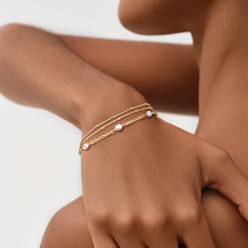 MEVECCO Dainty Chain Bracelets for Women, Layered and Charm Styles | 14K Gold Plated Brass, Select Cubic Zirconia Accents, Single and Multi-Row Structures for Refined Everyday Wristwear - style: 2 Layer Satellite Chain