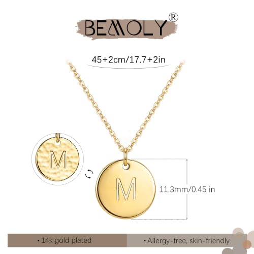 Bemoly Initial Necklace for Women Round 11MM Coin Disc Double Side Engraved Letter A-Z Hammered Pendant 14K Gold Plated Personalized Alphabet Birthday Jewelry 17.5" - style: M