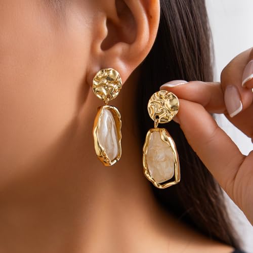 Irregular Crystal Dangle Earrings for Women Gold Textured Gemstone Earrings Geometric Acrylic Stud Earring Jewelry Gift - color: White