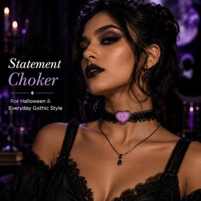 Halloween Gothic Choker Necklace for Women Black Lace Choker Purple Heart Pendant Adjustable Halloween Costume Jewelry Party Accessories - color: A: black lace