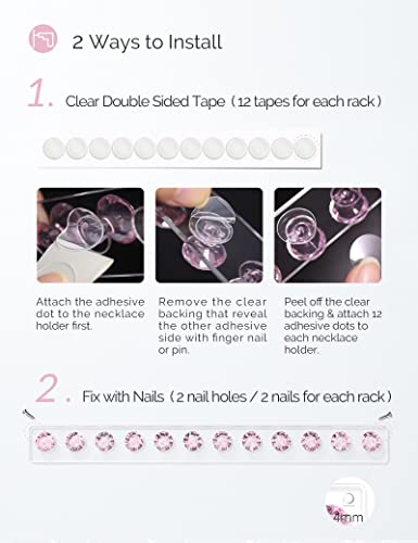 Necklace Holder Wall Mounted Necklace Hanger Hanging Necklace Organizer | Acrylic Jewelry Hanger with 12 Hooks, Jewelry Hooks for Necklaces/Bracelets, Jewelry Wall Organizer - color: Pink – 2Pack