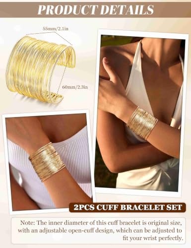 2 Pcs Gold Cuff Bangle Bracelet Set for Women Irregular Minimalist Statement Bangle Bracelets Wide Open Chunky Wire Bracelets Wrist Cuff Adjustable Hammered Bracelet - color: Gold D