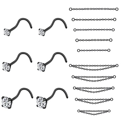 PunkTracker 20G Nose Rings 2mm 2.5mm 3mm CZ Nose Studs | with Chains Surgical Steel Nose Piercing Jewelry Nose Ring Studs - style: Black, Nose Screw