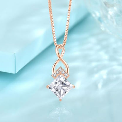 Infinity Necklace 925 Sterling Silver Princess Cut Pendant Birthstone Jewelry for Women - color: Golden Rose