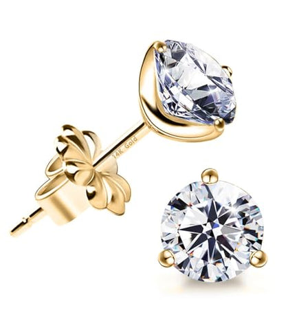 "STUNNING FLAME" 18K Gold Plated Silver Brilliant Cut Simulated Diamond Cubic Zirconia Stud Earrings - color: 14k Gold Post & Sterling Silver - Yellow, size: 3.0 Carat-(1.5ct*2)-7.5mm