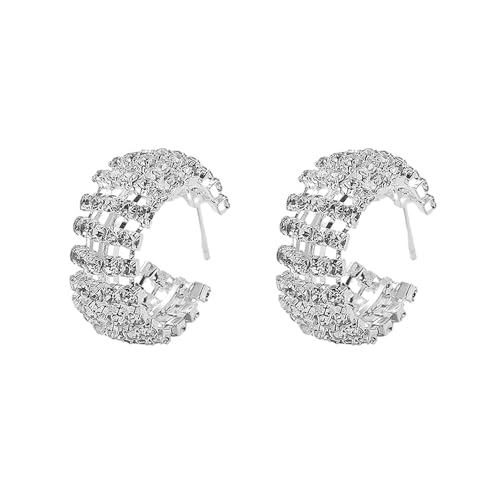 Octwine Boho Women Silver Rhinestone Hoop Earrings Sparkly Rhinestone Circle Statement Earrings Bridal Wedding Prom Bar Earrings