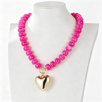 Chunky Heart Necklaces for Women Colorful Resin Beaded Necklaces for Women Gold Puffy Heart Statement Necklace Trendy Acrylic Choker Jewelry Gift - color: B-Rose red