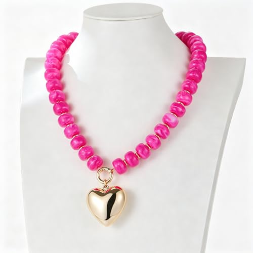 Chunky Heart Necklaces for Women Colorful Resin Beaded Necklaces for Women Gold Puffy Heart Statement Necklace Trendy Acrylic Choker Jewelry Gift - color: B-Rose red