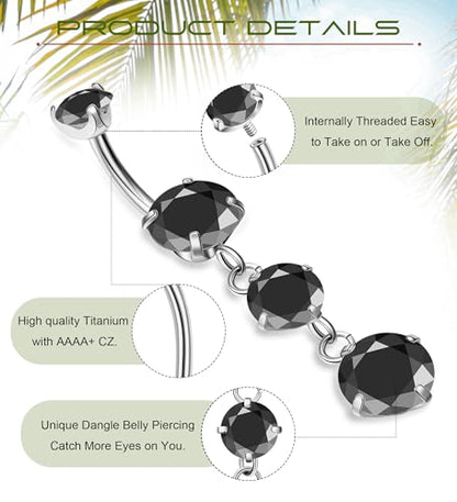 G23 Titanium Dangle Belly Button Rings for Women Dangling Navel Rings CZ Belly Rings Curved Barbell Internally Threaded Belly Piercing Jewelry - color: Black