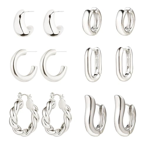 6 Pairs Gold Hoop Earrings for Women, 14K Gold Plated Huggie Hoop Earrings Set Hypoallergenic Lightweight Chunky Open Hoops Jewelry for Gift - color: Silver