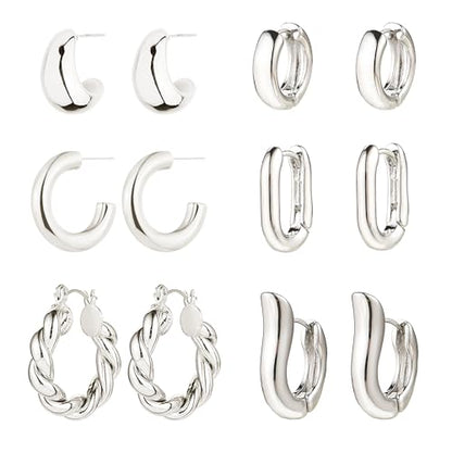 6 Pairs Gold Hoop Earrings for Women, 14K Gold Plated Huggie Hoop Earrings Set Hypoallergenic Lightweight Chunky Open Hoops Jewelry for Gift - color: Silver