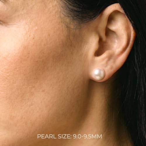 THE PEARL SOURCE Round White Freshwater Real Pearl Earrings in AAAA Quality for Women - 14k White and Yellow Gold Stud Earrings | Hypoallergenic Earrings with Genuine Cultured Pearls, Pearl Gifts for Christmas, Holidays and Anniversary - color: White Gold