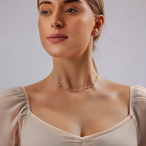 OGD Gold Pearl Necklace Set for Women 14K Plated Layered Daisy Choker Gift - color: Satellite Pearl - Gold