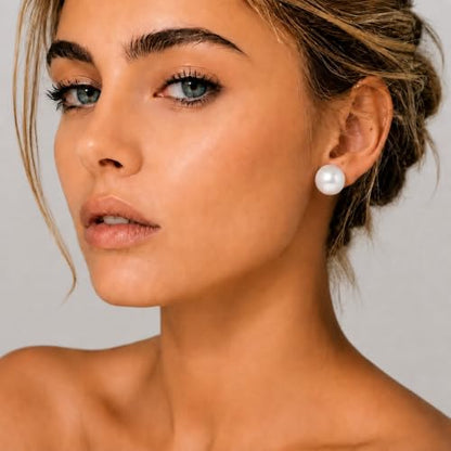Pearl Earrings Hypoallergenic, Handpicked 18K Gold Plated Sterling Silver | Freshwater Cultured Pearl Stud Earrings Flat Back for Sensitive Ears, 8-14mm, Nickel Free, Non Tarnish Gift Pouch - size: 14mm