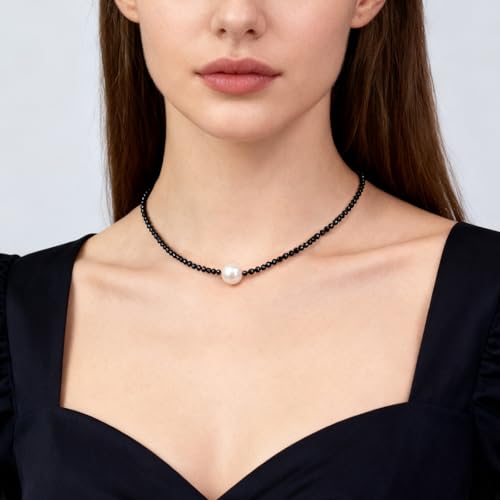 Single Pearl Choker Pendant Necklaces for Women, Natural Gemstone Womens Black Stone Beaded Choker Necklace, Dainty Round Freshwater Pearl Handmade Jewelry Gift Women Birthday Bridesmaids Anniversary 16 18 inch - color: 01-black/white, size: 18"