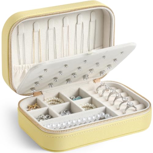 Genuine Leather Travel Jewelry Organizer Case for Women, Small Mini Portable Jewelry Box for Ring Earrings Necklace Bracelet Luxury Gift for Women Yellow - color: Yellow