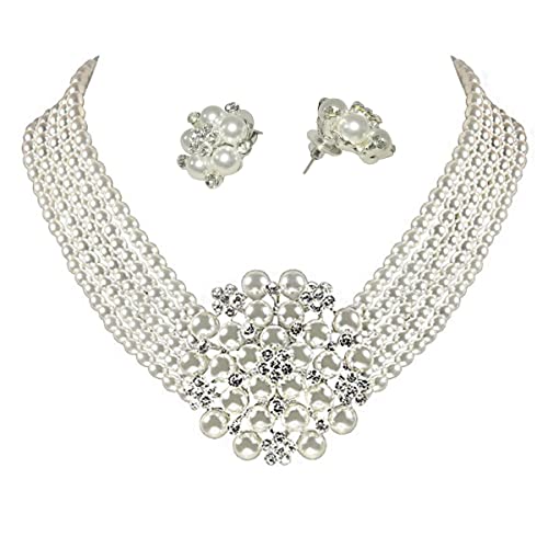 Classic Faux Pearl Jewelry Set for Women, 1950s Inspired Strand Necklace with Earrings, Elegant Gift for Mother's Day & Wedding - color: Stud Pin Earring and Necklace
