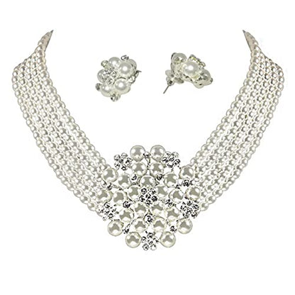 Classic Faux Pearl Jewelry Set for Women, 1950s Inspired Strand Necklace with Earrings, Elegant Gift for Mother's Day & Wedding - color: Stud Pin Earring and Necklace