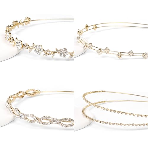 Rhinestone Headbands for Women Silver Bridal Headband Crystal Headpiece | Flower Leaf Girl Tiara Crown Head Band Wedding Hair Accessories for Girls, 4 Pcs - color: Gold