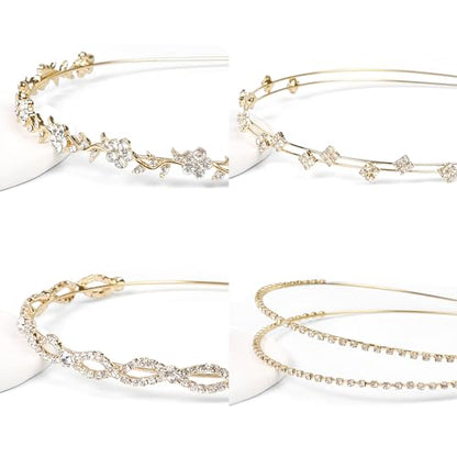 Rhinestone Headbands for Women Silver Bridal Headband Crystal Headpiece | Flower Leaf Girl Tiara Crown Head Band Wedding Hair Accessories for Girls, 4 Pcs - color: Gold