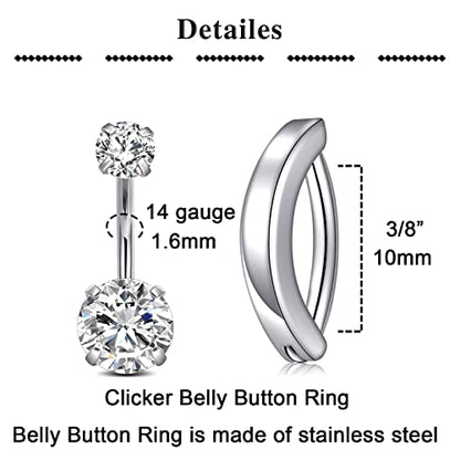 QWALIT Belly Rings - Short Bar Belly Button Rings in Surgical Steel with Opal Stones - 6mm & 10mm - color: A21-Silver 10mm -6pcs